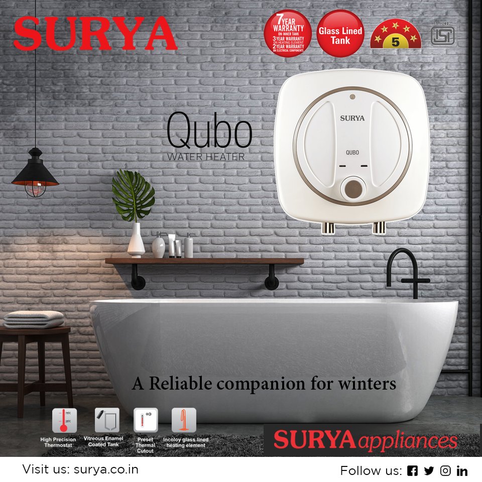 Unlike ordinary water heaters #Surya #Qubo #WaterHeater is designed to surpass the 5-star energy rating. Giving you maximum energy efficiency.
 #HotShower #HomeAppliances #SuryaQubo #Suryaappliances #waterheater #storagewaterheater #Suryawaterheater