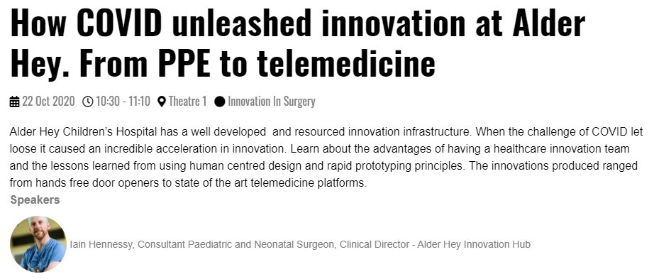 AlderHeyInnov's tweet photo. Representing Alder Hey Innovation today at Day 2 of the 
#FutureSurgery Conference is Iain👏

Iain's is currently presenting, this talk is entitled 'How COVID Unleashed Innovation at @AlderHey. From PPE to telemedicine'🚀#FSV2020
Register to join for free: https://t.co/zcy9m8yJCW https://t.co/ikeAEKUJRT