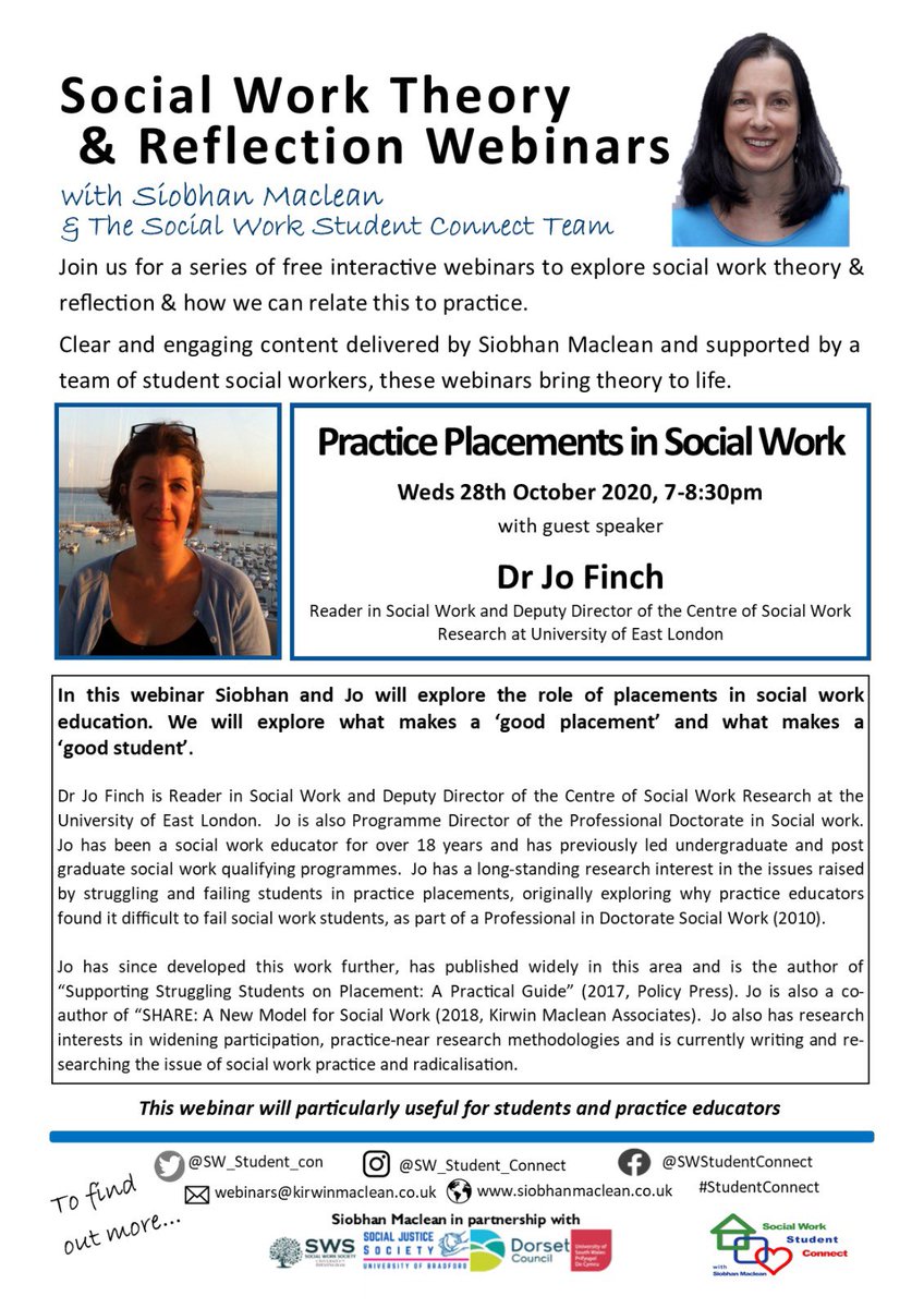NEXT WEDNESDAY WEBINAR: Practice Placements in Social Work with Dr Jo Finch! @Jojofinchers ! It’s definitely going to be a good one, that you don’t want to miss! 

Register Here: us02web.zoom.us/webinar/regist…