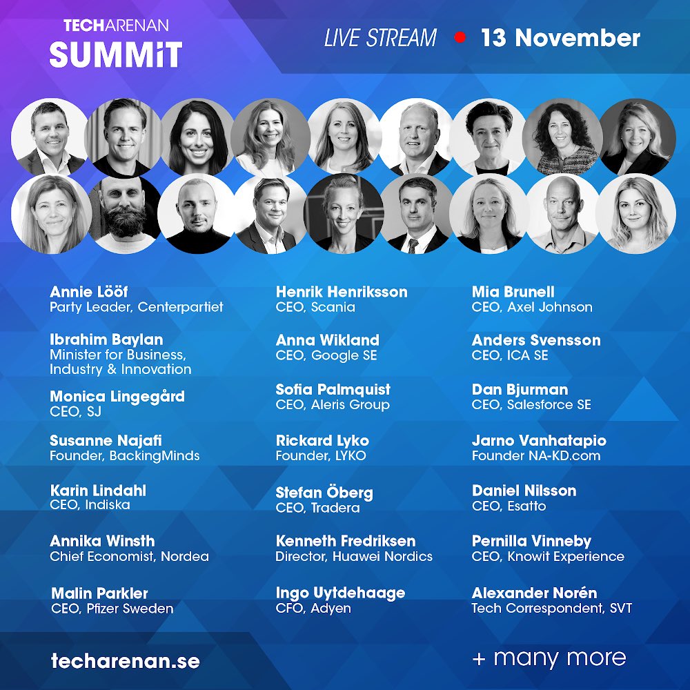 Vilken uppställning vi har fått ihop! Tre veckor kvar till Techarenan Summit 2020! För första gången någonsin kommer Techarenan också att livestreama pitcharna från de 50 finalbolagen 2020.

Läs mer och registrera dig - lnkd.in/eyZUfcD