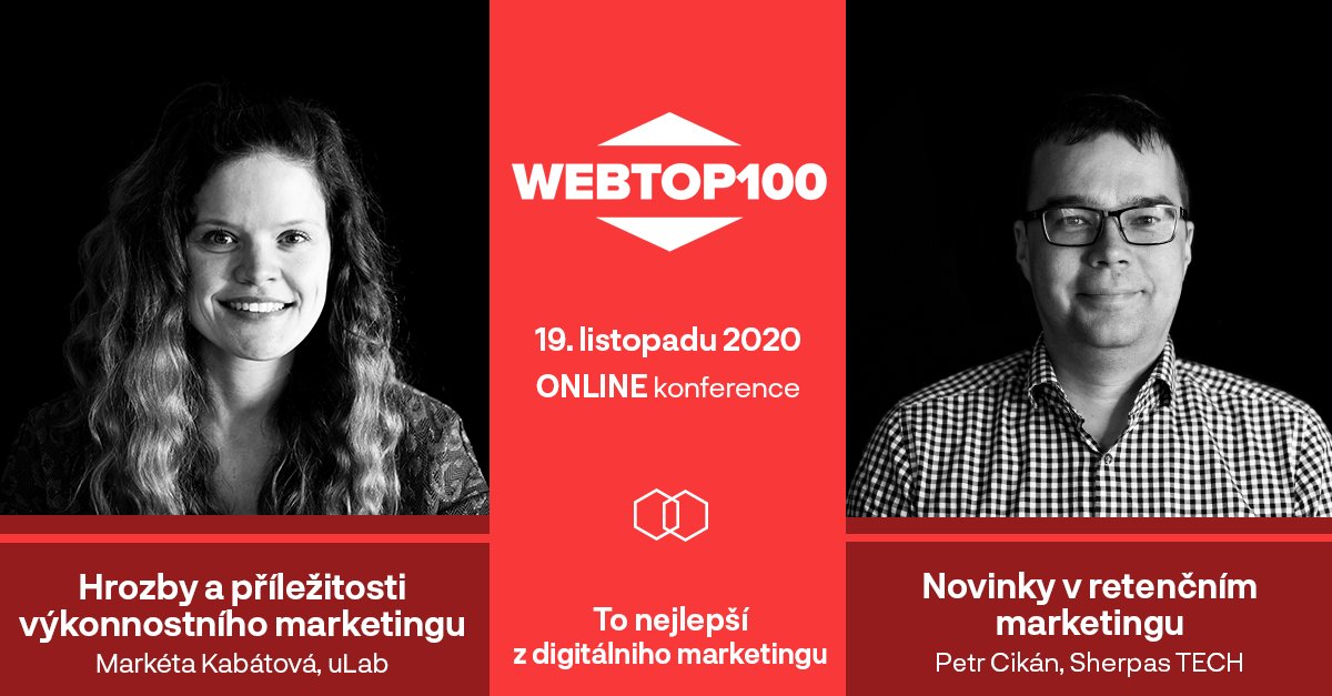 Buďte s námi na konferenci WebTop100 o digitálním marketingu. <a href="/marketakabat/">Markéta Kabátová</a> z <a href="/UnicornsLab/">uLab</a> poukáže na příležitosti a hrozby výkonnostní reklamy v nebližších letech a <a href="/petrcikan/">Petr Cikan</a> z <a href="/SherpasCZ/">Sherpas</a> TECH představí novinky z oblasti retenčního marketingu. #WT100 
bit.ly/35qJbWV