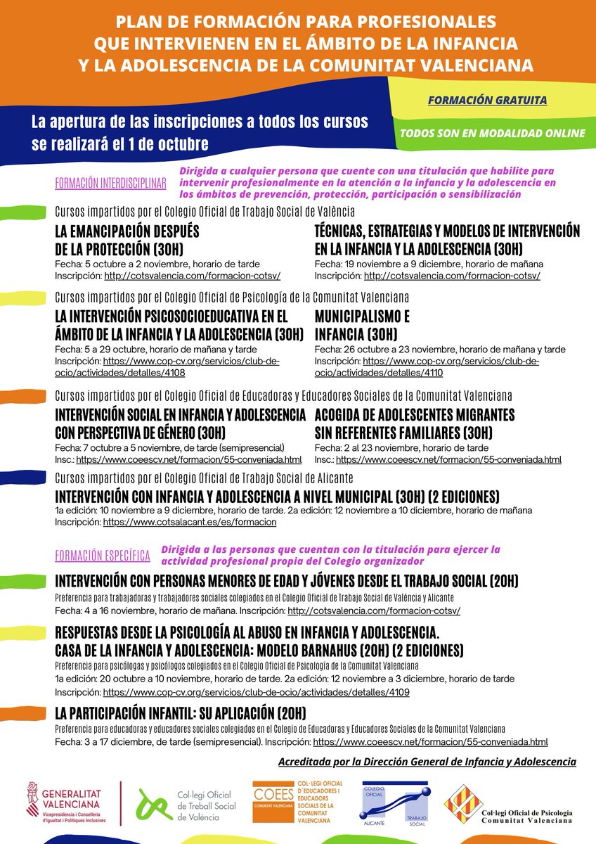 COTSAlacant's tweet photo. 3ª Ed. 𝙿𝙻𝙰𝙽 𝙵𝙾𝚁𝙼𝙰𝙲𝙸Ó𝙽 para profesionales que intervienen en el ámbito de la infancia y adolescencia de la #ComunitatValenciana | @GVAinclusio 

☑️ CURSO INTERVENCIÓN CON INFANCIA Y ADOLESCENCIA A NIVEL MUNICIPAL 

📅 10/11  y 12/11
🕥 30h
➡️ https://t.co/ZtQYehsS1j https://t.co/gAFKgR8Qqz