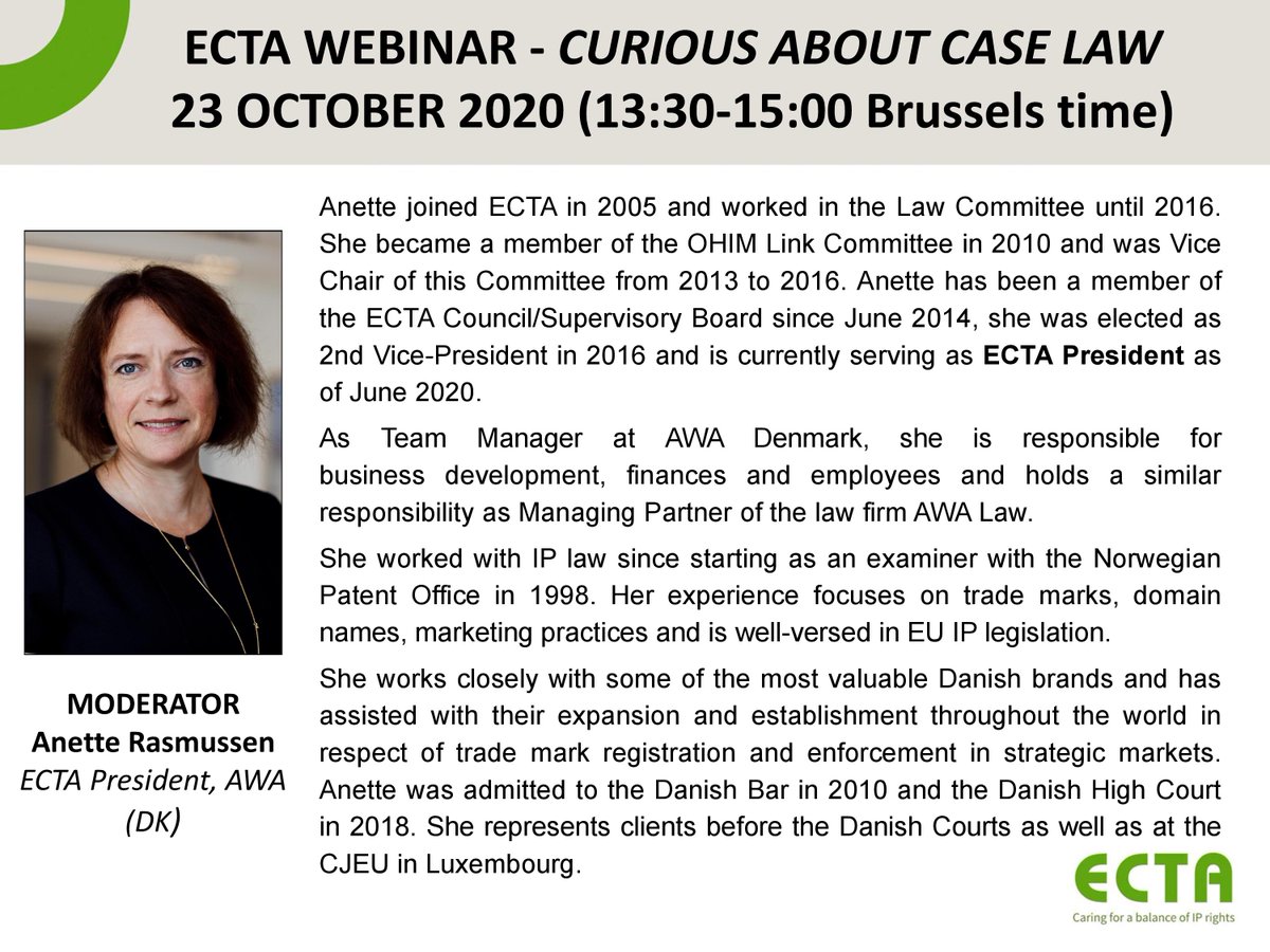 ECTABrussels's tweet photo. LAST CHANCE TO REGISTER in our Webinar ‘Curious about Case Law’, tomorrow at 13:30!

ECTA President Anette Rasmussen (AWA, DK) will moderate a brilliant panel of speakers, to discuss the significance and practical implications of recent CJEU judgements.

👉🏻https://t.co/9DHy3HBZUf https://t.co/xe1Ope4jjo