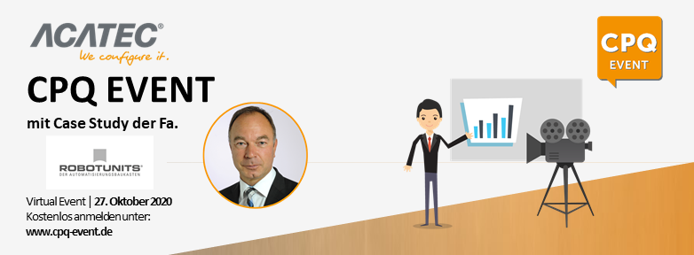 ACATEC's tweet photo. Sie haben schon eine #CPQ Software im Einsatz, aber der gewünschte Effekt bleibt aus? Dann lernen Sie von anderen KMU's: 27. Oktober | Virtuelles CPQ Event!

Mit der Case Study der Fa. #Robotunits - Hersteller für Fördertechnik

Hier kostenlos anmelden: https://t.co/UEaJu53rRA https://t.co/mBy9l3nXDA