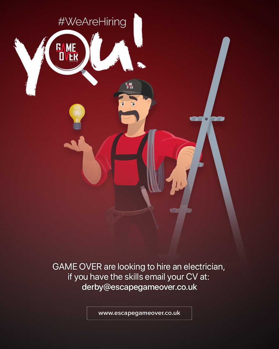 Escape_GameOver's tweet photo. Electricians, WE NEED YOU! 
#electrician #wearehiring #derby #derbyshire #electricalengineer #electrical #electricalworkrequired #sparky #electricalinstaller #escaperoomsderby #gameoverderby #esscaperooms https://t.co/rqLY0WMRsw