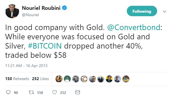 2013"En bonne compagnie avec de l'or...  #Bitcoin   sous 58$" @Nouriel à jamais dans nos coeurs.