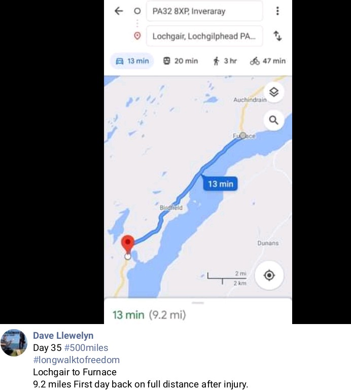 42. The 500 mile walkers/stickerers have moved base camp to a caravan in Inveraray by Loch Fyne for a few days. Give them a toot on today's route.  https://m.facebook.com/story.php?story_fbid=652937515590167&id=100026217721877
