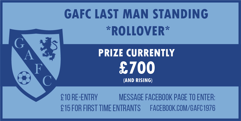 LAST MAN STANDING ROLLOVER
💰PRIZE CURRENTLY £700 💰

£10 for re-entry and £15 if you weren’t involved last time round but want a bite of the action this time. 

Message our Facebook page to enter: facebook.com/gafc1976/

#montheglens