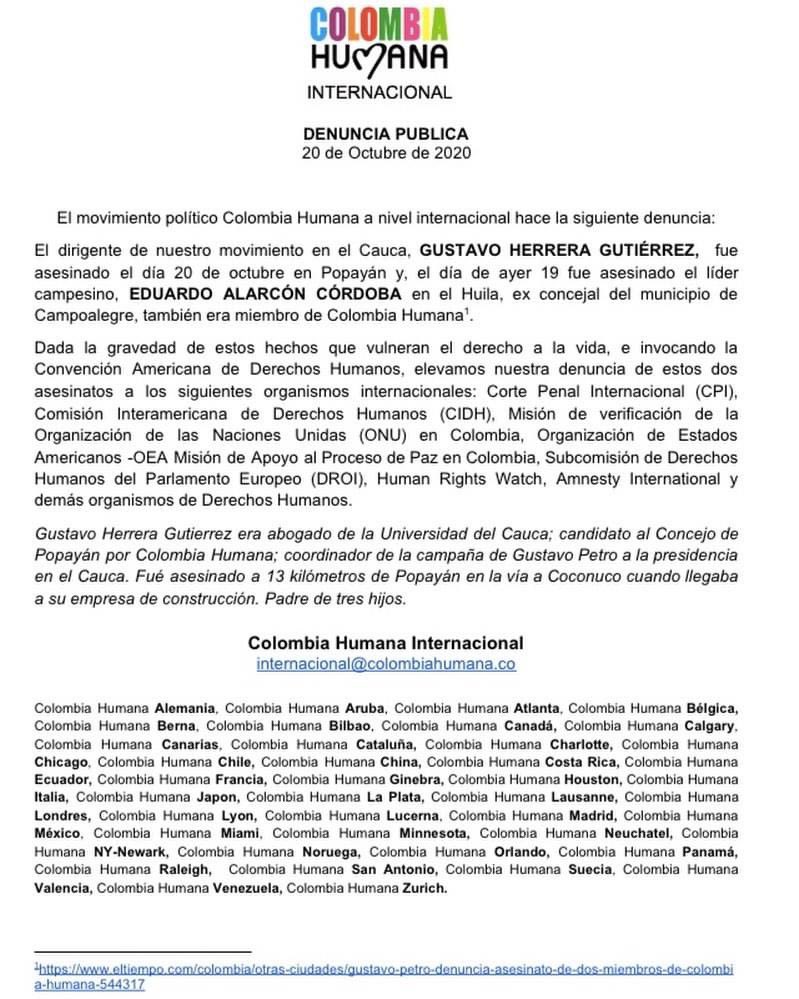 ColHumanacat_'s tweet photo. Hasta cuando señor @IvanDuque, piensa llevar al exterminio  a @ColombiaHumana_  cómo hicieron con @UP_Colombia? https://t.co/1o5DSqOGN2