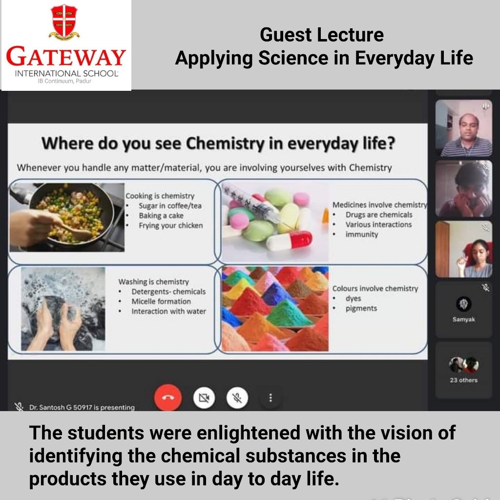 gateway_schools's tweet photo. A #GuestLecture-“Applying #ScienceInEverydayLife" was facilitated by Dr. G.Santhosh, Asst Prof, VIT University Chennai Campus for the students from MYP4. to DP2.

#Gatewayinternationalschool  #IBworldschool #GatewayIB #Padur #MYP #DP #ScienceIsReal #Virtual #Chemistry #Chemicals https://t.co/JUabBGLyOP