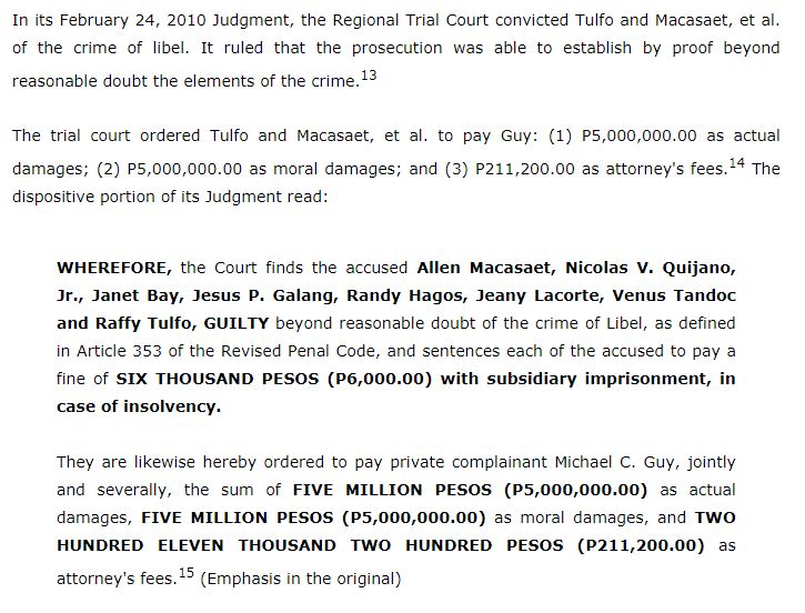  #SawsawRaffy was found guilty of libel due to an inaccurate 2004 article accusing a businessman of approaching a gov’t official to stop a tax fraud case against him. The ruling was upheld by SC.  @BKwago  @easy_jonathan  @jaesoon https://news.abs-cbn.com/news/07/26/19/sc-affirms-libel-conviction-of-raffy-tulfo-abante-tonite-execs https://www.chanrobles.com/cralaw/2019aprildecisions.php?id=281