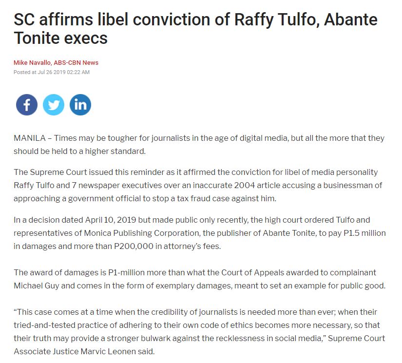  #SawsawRaffy was found guilty of libel due to an inaccurate 2004 article accusing a businessman of approaching a gov’t official to stop a tax fraud case against him. The ruling was upheld by SC.  @BKwago  @easy_jonathan  @jaesoon https://news.abs-cbn.com/news/07/26/19/sc-affirms-libel-conviction-of-raffy-tulfo-abante-tonite-execs https://www.chanrobles.com/cralaw/2019aprildecisions.php?id=281