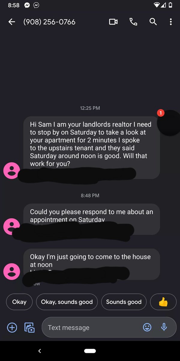 UPDATES: The LL made good on her threat to have a realtor contact us. Each of us has recieved at least 2 texts requesting access to our home. Then of course "asserting" that she will just come in. Cus you no reply=consent right?
