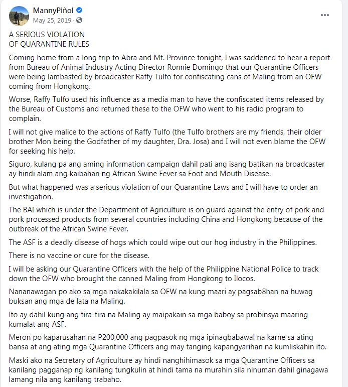 Manny Piñol criticized  #SawsawRaffy’s actions & ordered a probe because at that time there was an outbreak of the African swine fever.  https://www.facebook.com/permalink.php?story_fbid=2302503473165442&id=351448724937603