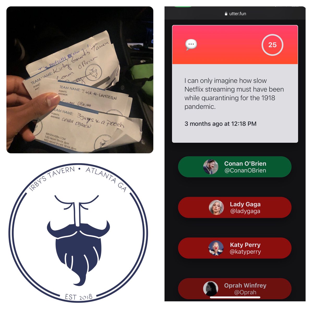 utterfungames's tweet photo. Thanks @IrbysTavern for letting us sponsor a question tonight at trivia. Highly recommend y’all getting your smart friends together to join in on Wednesday nights! https://t.co/YCu7wBcBN0 #trivia #gamenight #partygames #utterfun https://t.co/0sVfGBp6OX