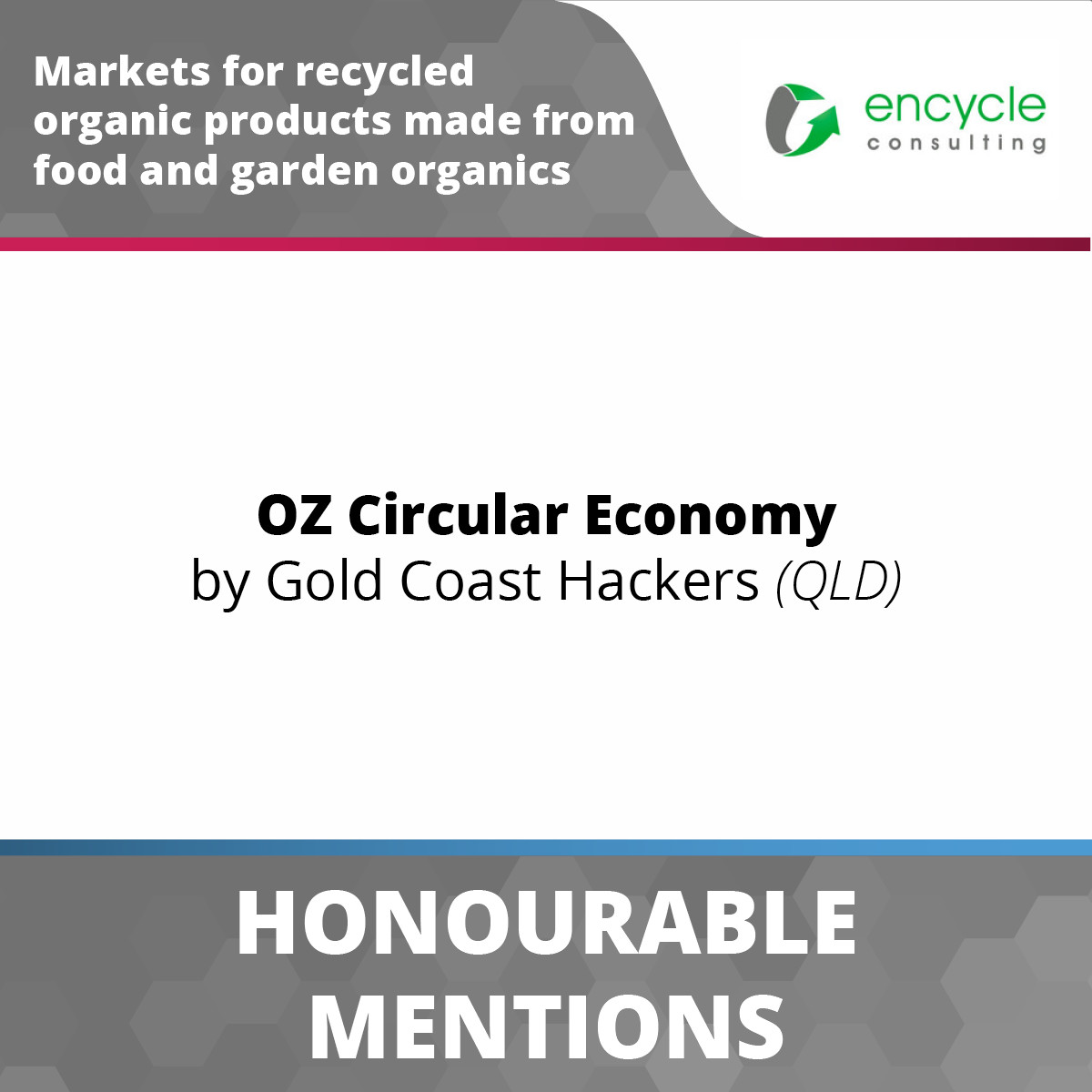 Congratulations to the Honourable Mention of the <a href="/EncycleConsult/">Encycle Consulting</a> 'Markets for Recycled Organic Products made from Food and Garden Organics' award

🥉 Project OZ Circular Economy by team 'Gold Coast Hackers' (QLD)

#opendata #hackathon #wastemanagement #recycling