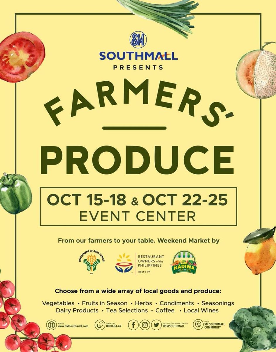 smsupermalls's tweet photo. #FarmersProduceAtSM continues this October! Drop by our weekend market at @sm_southmall with your friends and shop fresh and local goods straight from the farm! ✨🥬🥑✨
Let’s keep supporting local businesses #TogetherAtSM.
#SMForMSMEs
#KasamaNgSM
#EverythingsHereAtSM💙 https://t.co/ZJ1aqEM2uu