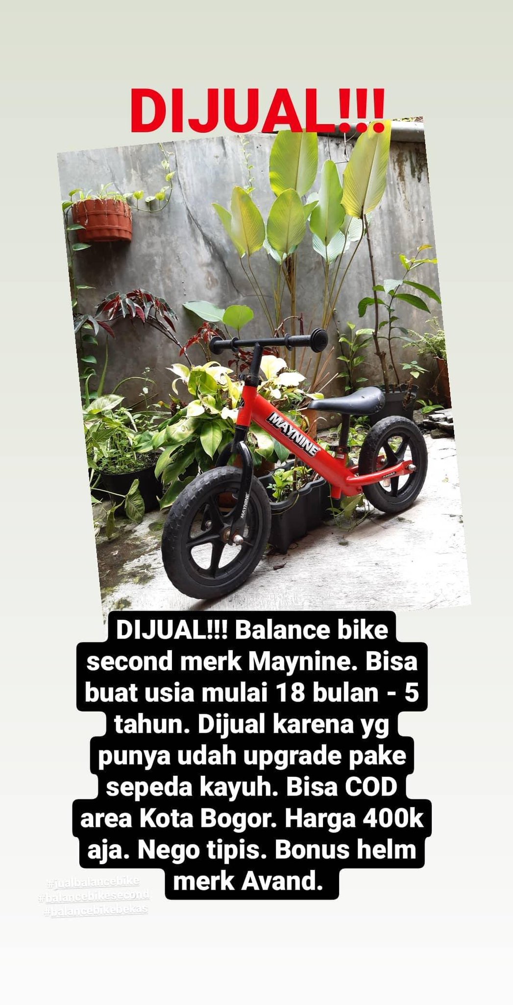 Mbak Bel on X DIJUAL Balance bike second merk Maynine. Bisa buat usia mulai 18 bulan 5 tahun. Dijual karena Yas udah upgrade pake sepeda kayuh. Bisa COD area