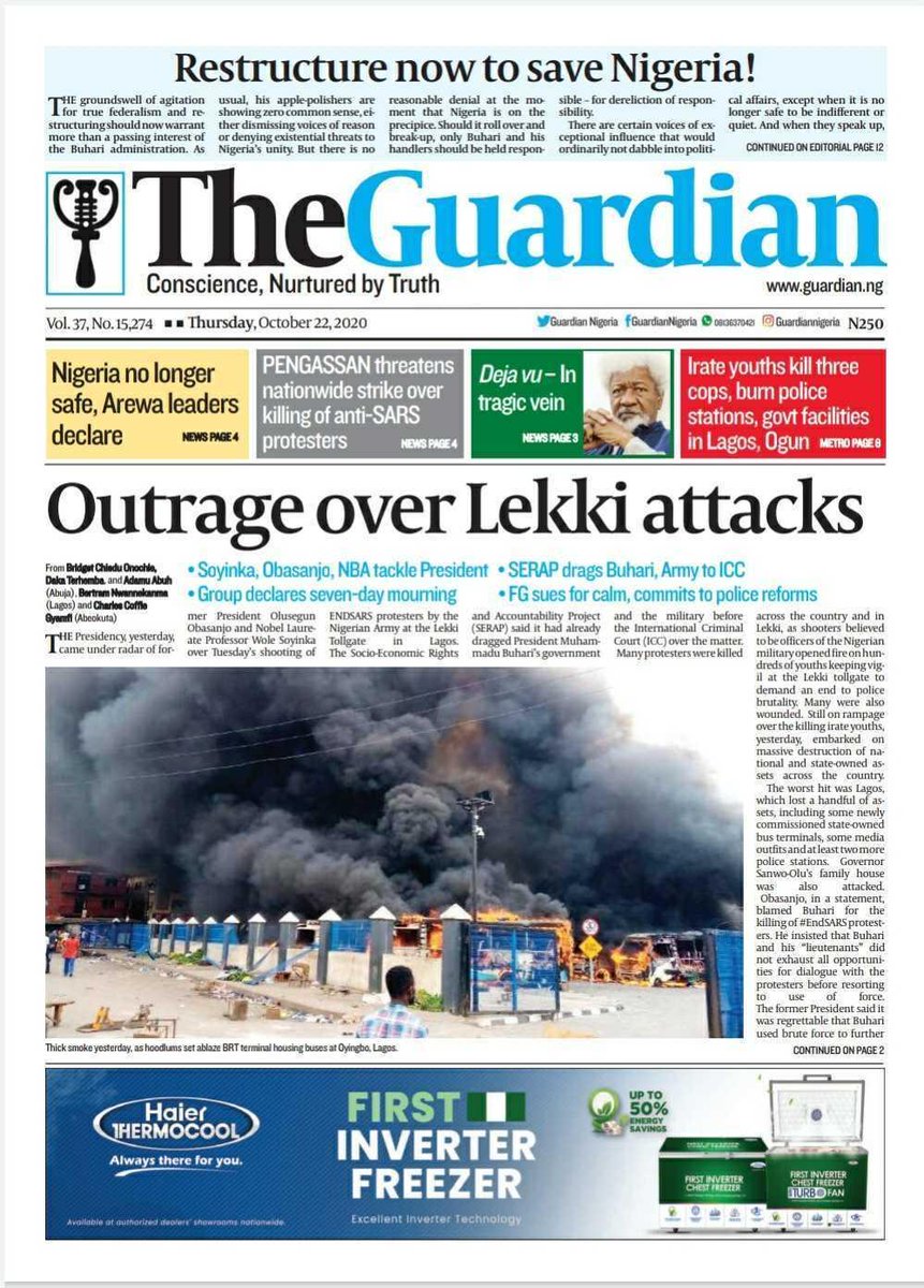 GuardianNigeria's tweet photo. Today in The Guardian – Outrage over Lekki attacks. Get a copy. ⁣
⁣
#EndSARS #EndPoliceBrutality #LekkiAttacks #FrontPage #Headline #Business #Politics #Sports #Entertainment #GuardianBusiness #News #Nigeria #NigerianNews #Africa #TheGuardianNg https://t.co/WIAWWo0mTd