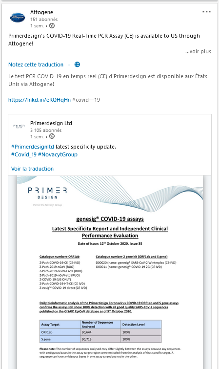  #NOVACYT  #NCYT  #ALNOV  #PRIMERDESIGNLTD  #NVYTFU.S.A ATTOGENE (TEXAS) praises the absolute reliability of Primerdesign tests on Linkedin"over 550 genesig qPCR kits for pathogen detection, veterinary testing, meat speciation and much much more"