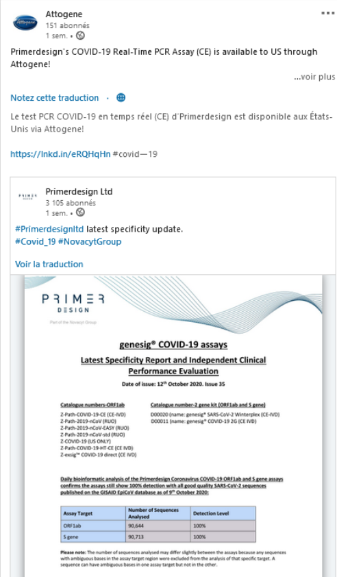  #NOVACYT  #NCYT  #ALNOV  #PRIMERDESIGNLTD  #NVYTFU.S.A ATTOGENE (TEXAS) praises the absolute reliability of Primerdesign tests on Linkedin"over 550 genesig qPCR kits for pathogen detection, veterinary testing, meat speciation and much much more"