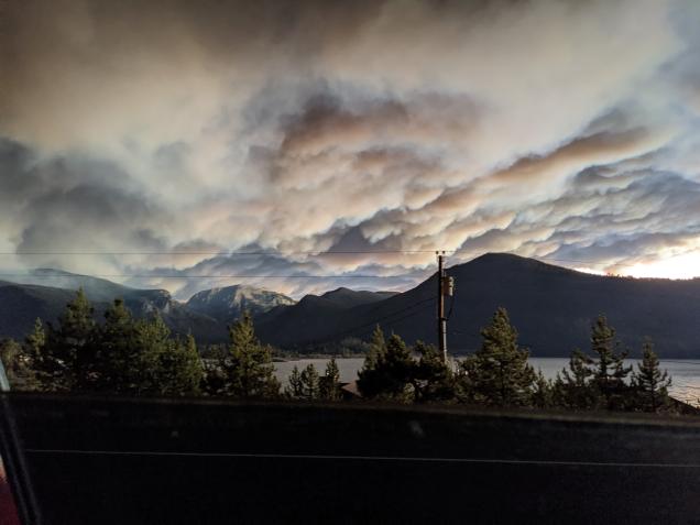 spehssforce's tweet photo. My mom took these as she left Grand Lake tonight possibly seeing her house for the last time. Multiple buildings in the town are already burning. #EastTroublesomeFire #TroublesomeFire https://t.co/ERhDzDECQk