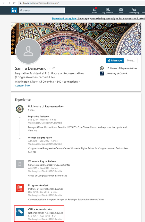 9)This is important: @samira_says, a member of  #Iran's lobby group  @NIACouncil, is a permanent Legislative Assistant in the Office of  @RepBarbaraLee. That could potentially give her (and the regime in Iran) access to U.S. citizens' data.