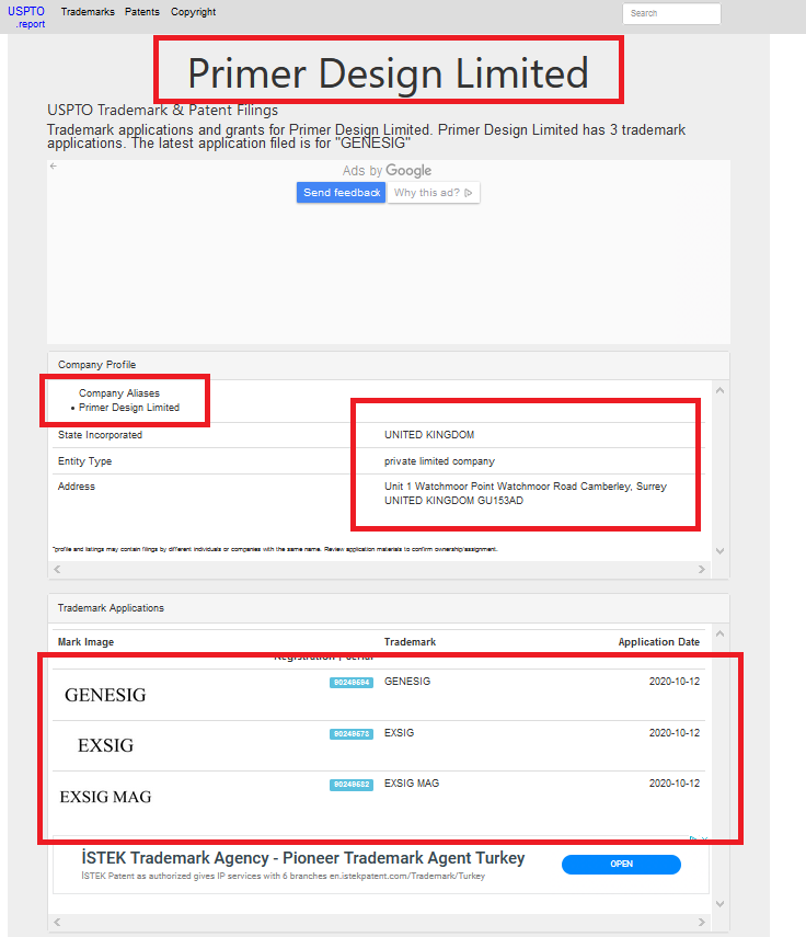  #NOVACYT  #NCYT  #ALNOV  #PRIMERDESIGNLTD  #NVYTFU.S.A Trademarks Trademark applications and grants for Primer Design Limited. Primer Design Limited has 3 trademark applications.GENESIG EXSIG EXSIG MAG  https://uspto.report/TM/90249582 