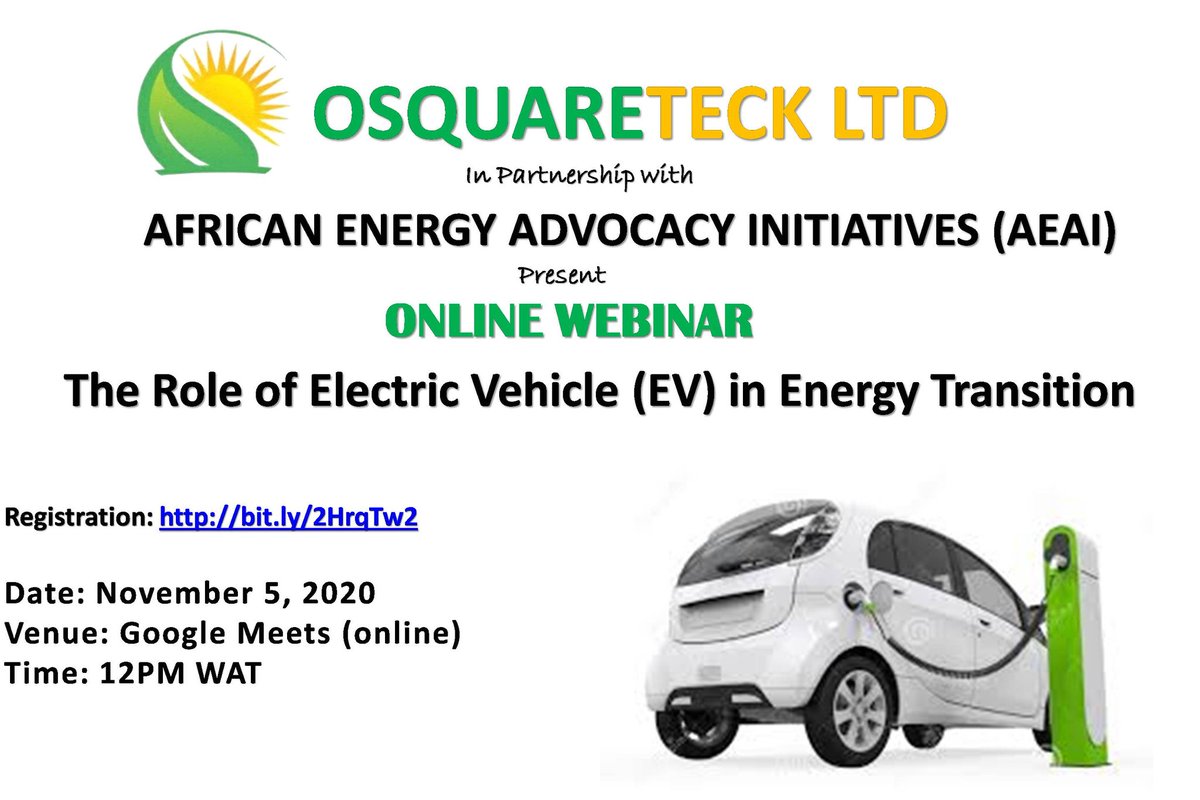 Register Now: bit.ly/2HrqTw2
#ElectricVehicles #renewannewithane #PollutionFree <a href="/REANigeria/">Renewable Energy Association of Nigeria (REAN)</a> @fmeclimateng@b <a href="/BankoleToba/">Bankole Oloruntoba</a> <a href="/nigeriacic/">NigeriaCIC</a> <a href="/benmurraybruce/">Ben Murray-Bruce</a> <a href="/FMEnvng/">Environment Ministry</a>