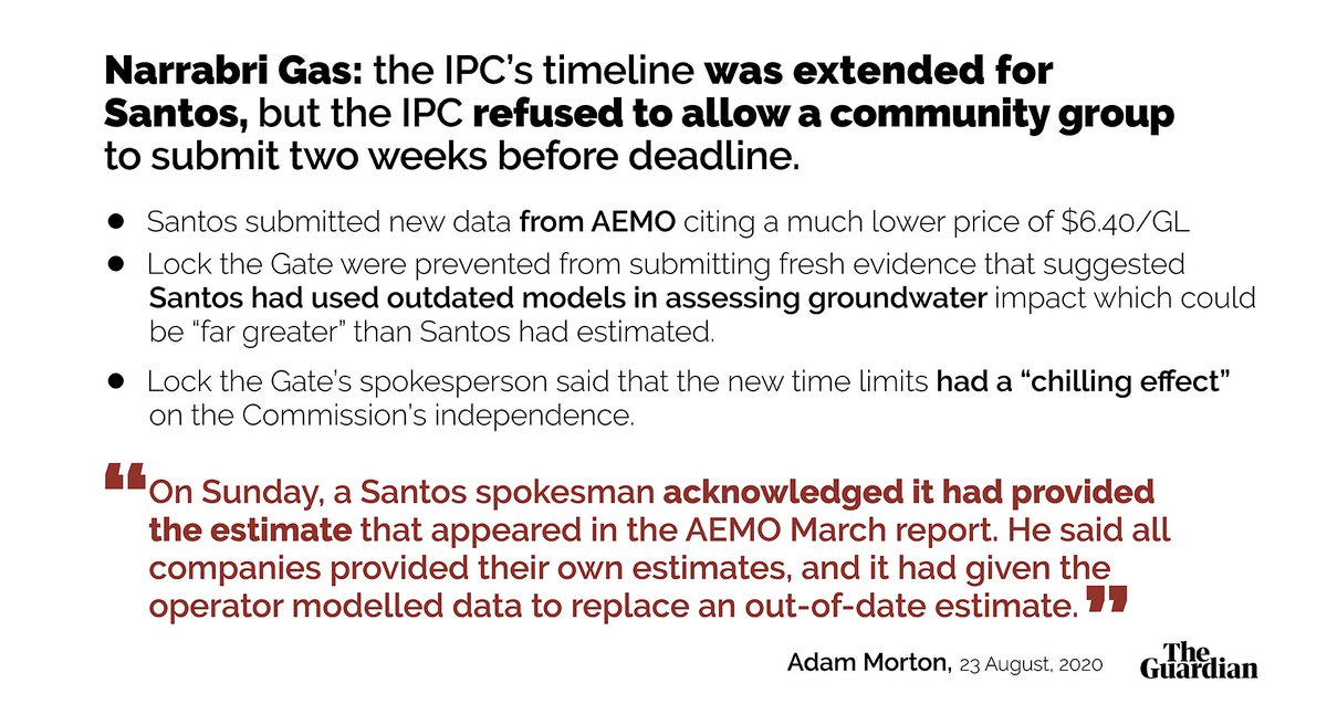 NSW's strict timeline resulted in new evidence on groundwater ("far greater" impact), being rejected.“This is not last-minute stuff. This is an impact assessment that Whitehaven submitted last year. It’s not like Santos didn’t have time to include this”  https://www.theguardian.com/australia-news/2020/sep/29/narrabri-gas-project-environment-group-says-new-groundwater-evidence-not-considered