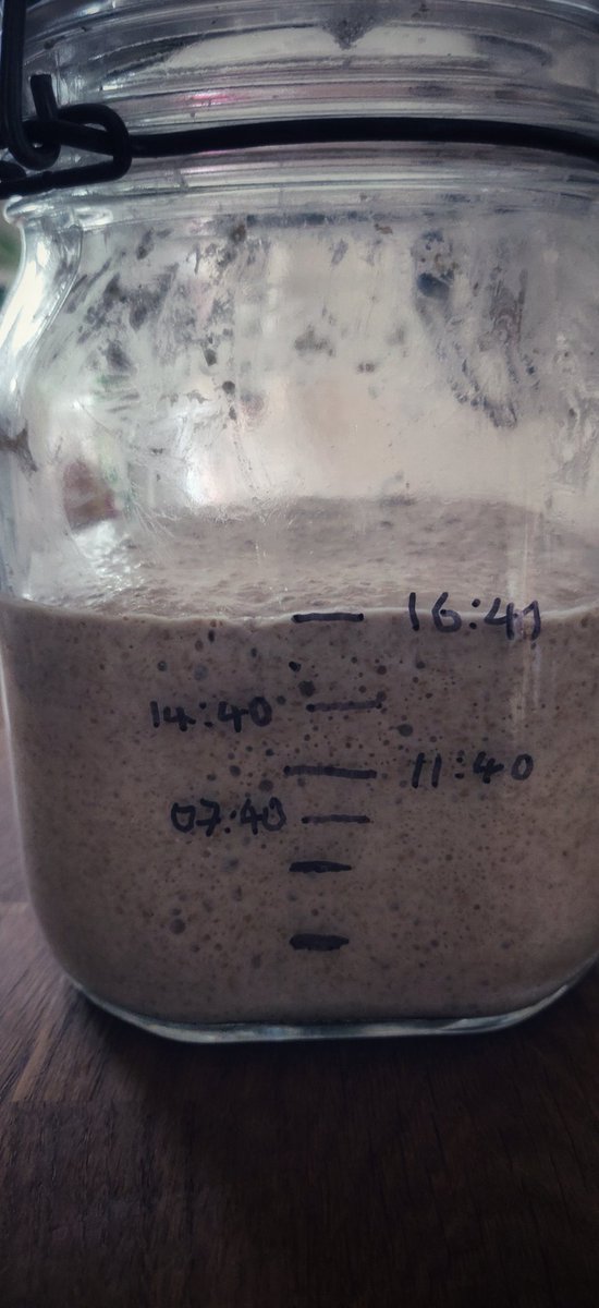 4. Starter (ready to go)Once you have fed the starter with the final 50g of flour, you are looking to use once it has peaked (although as long as the starter is active, then any time that suits you). This was keeping an eye on growth during the day, from the final 07:40 feed: