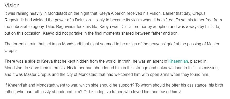 [ SPOILERS ]kaeya is an agent of khaenri'ah. the place itself has little to no information, but the second photo has info on what is known so far. "the hidden corners where the gods' gaze does not fall", and tales of a heroic king.... (8/?)