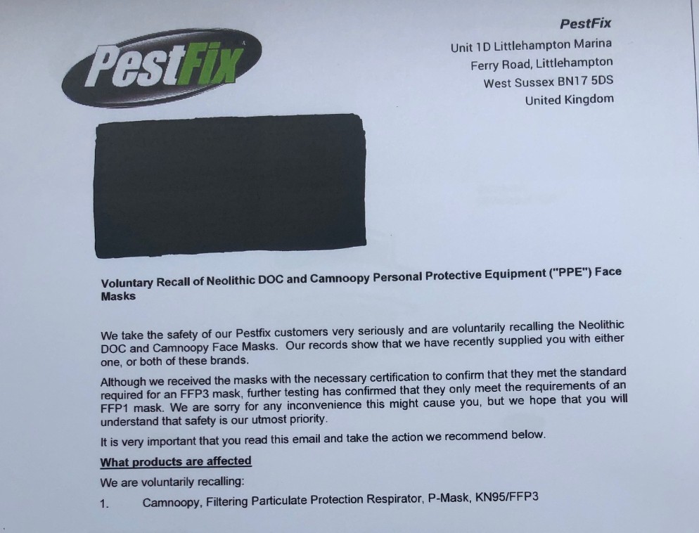 I mean, if you put facemasks into the NHS or care homes and they were faulty, people could die, right? So you would have been dismayed to see that in August Pestfix admitted supplying duff FFP3 facemasks, one of the types supplied to the NHS under the £168.5m contract.