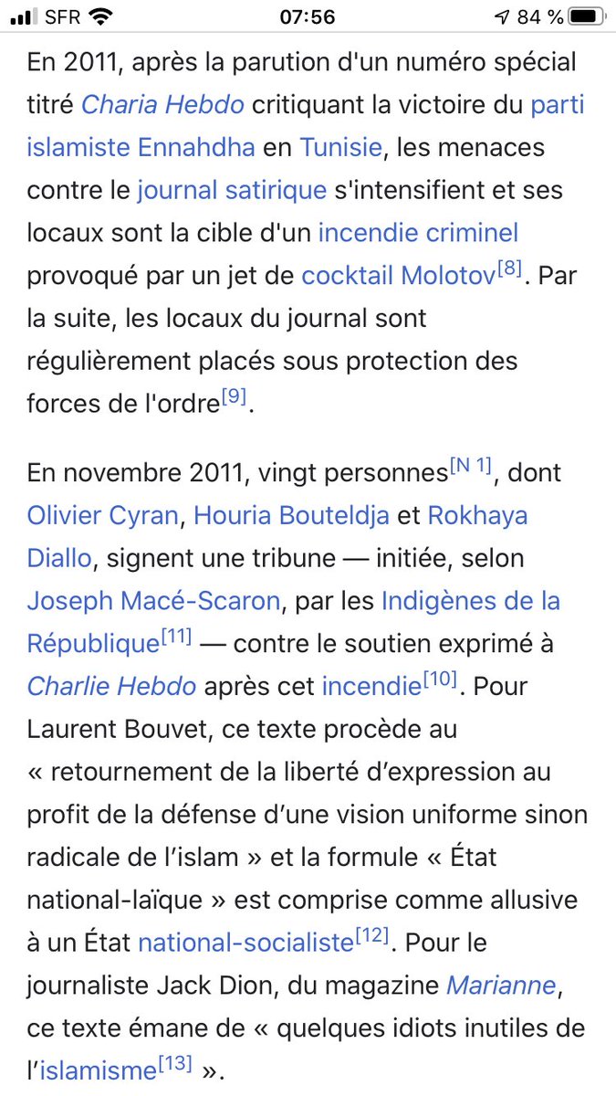 4/ À titre de début de réponse, il est intéressant de noter que ce texte de 2011 est cité dans l’article Wikipedia consacré à l’ « Attentat contre Charlie Hebdo » de 2015, dans la section « Contexte » 