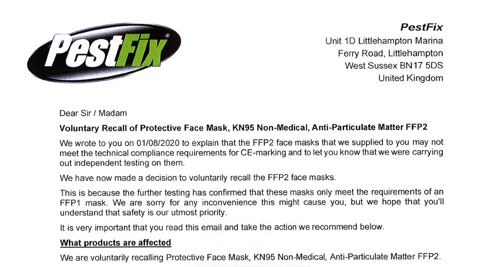 Surely Govt couldn't get it so wrong as to spend a third of a billion with a tiny unqualified company that was repeatedly getting it wrong?Could it? This Pestfix recall notice, for FFP2 masks (another type purchased under the same £168.5m contract), has just come to light.