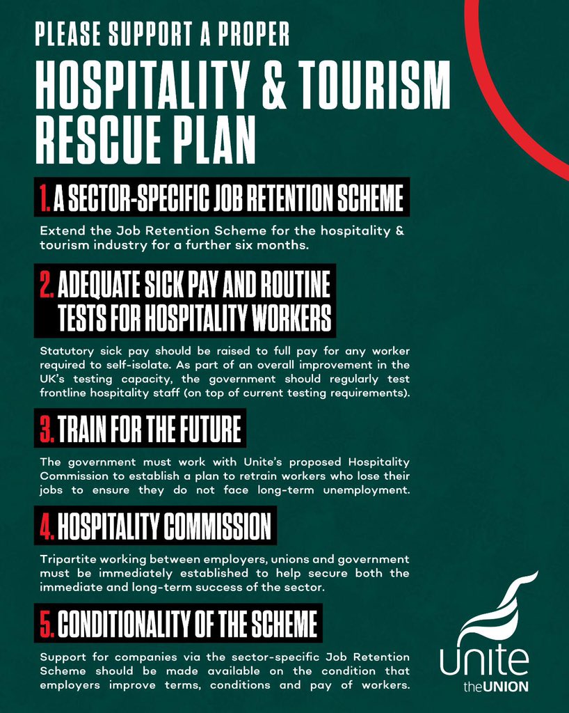 I back this Hospitality & Tourism Rescue Plan developed by @unitetheunion to save hospitality jobs. The government must act urgently to rescue the sector. These workers jobs are so important and must be supported.