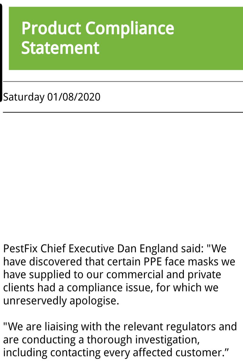 We found out about the first one because Pestfix put up a bravely named "Product Compliance Statement" on its website. But that attracted a bit of negative press attention and it didn't do that for the second type of faulty facemask.