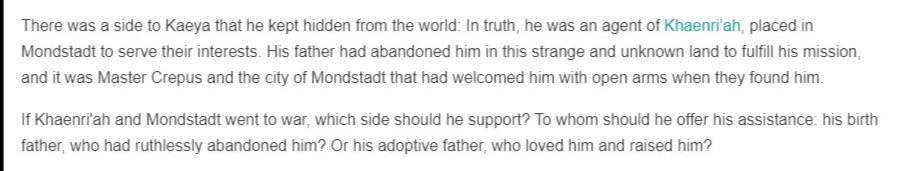 [ SPOILERS ]this is just me theorizing now, but i want to put emphasis on this part of the story of kaeya's vision. "to fulfill his mission"- is this mission referring to his father's?"if khaenri'ah and mondstadt went to war, which side should he support?" (10/?)