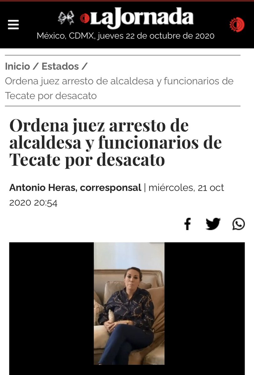 Anger21's tweet photo. Orden de arresto para la alcaldesa de Tecate BC, ordena juez.
Casualmente aquí a la Jornada se me olvidó mencionar que es del partido Morena la señora! 🙃😒 https://t.co/fUXwBnxeQX
