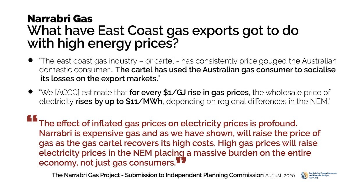 ACCC has linked gas export prices to higher electricity prices, “for every $1/GJ rise in gas prices, the wholesale price of electricity rises by up to $11/MWh.” The gas export market has been a “financial failure with nearly $8bn written off”.  https://ieefa.org/wp-content/uploads/2020/09/Narrabri-Gas-Project_IEEFA-Submission-to-NSW-Independent-Planning-Commission_10-August-2020.pdf