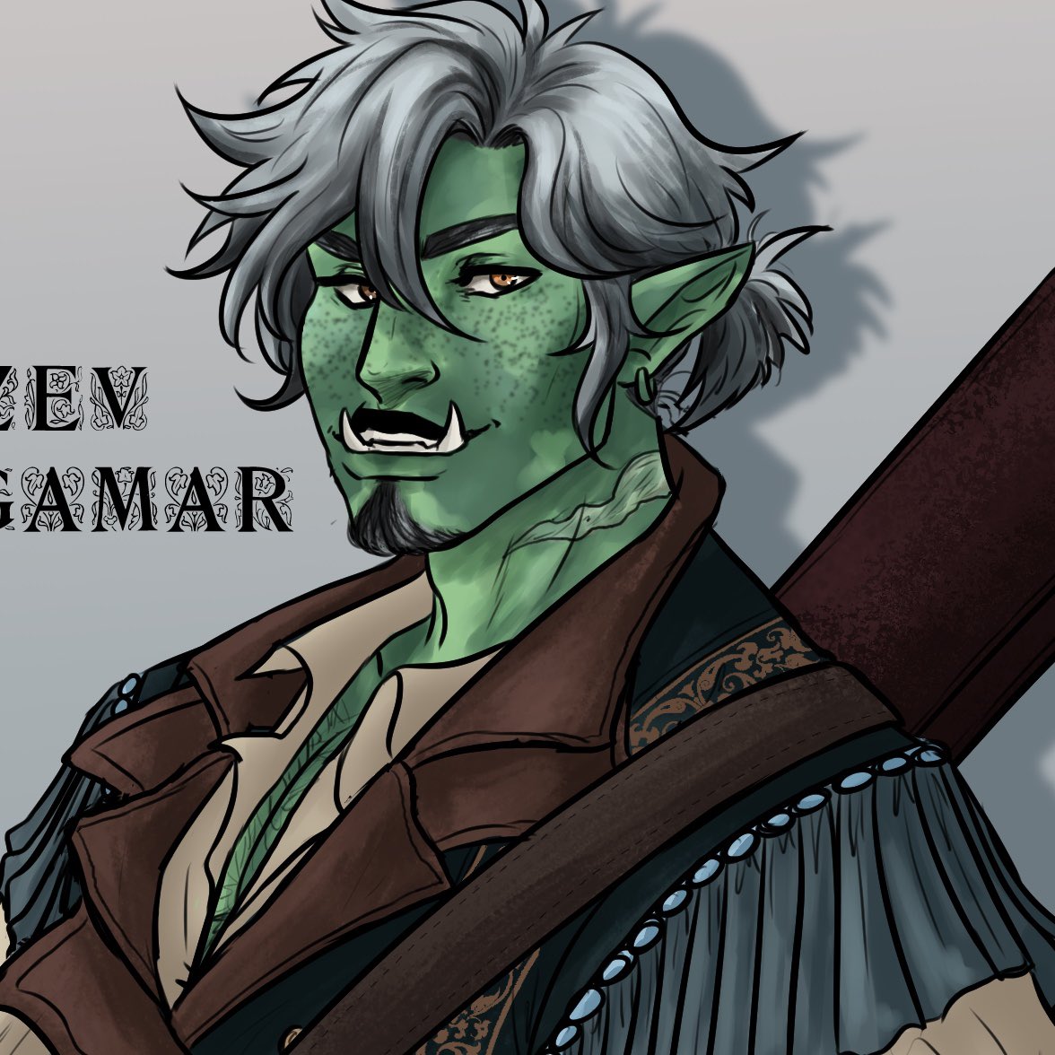 Zev Hagamar, half orc bard. Ex criminal turned wanna be musician. He just wants to spread the magic of music and holds his freedom above everything else