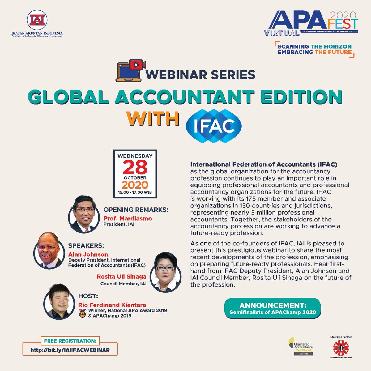 IAINews's tweet photo. Join us on IAI APA Fest 2020 Webinar Series Global Accountants Edition with IFAC @IFAC. Register at https://t.co/5SJ1fgdmBg
.
@AFA_Accountants
#ikatanakuntanindonesia
#apafest2020 https://t.co/bdQaz4Xvad