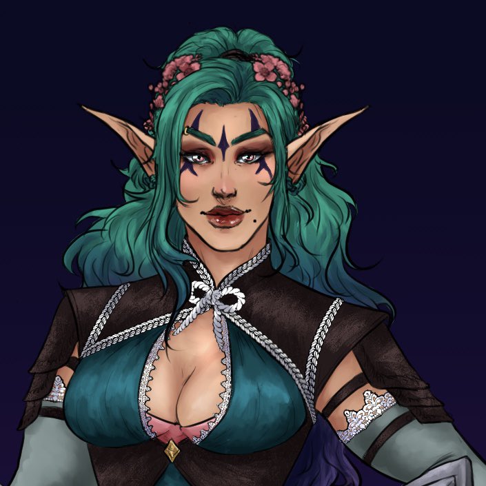 Lilah Neverlore, wood elf cleric. An absolute ball of sunshine, but with a dark sense of humor. She likes drinking and partying, but follows wherever her god takes her