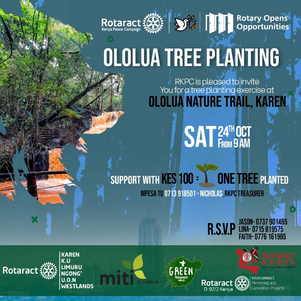 MitiAlliance's tweet photo. Free this weekend? @RotaractPeaceKE with other Rotaract Clubs on Sato,24th Oct 2020 in planting trees at Ololua, Karen. They will be supporting the #1MillionMitiChallenge in conjunction with @MitiAlliance
& @GreenRID9212 #RKPC #D9212 #RotaryOpensOpportunities @rotaract @1t_org https://t.co/FjEmIN5Gx0