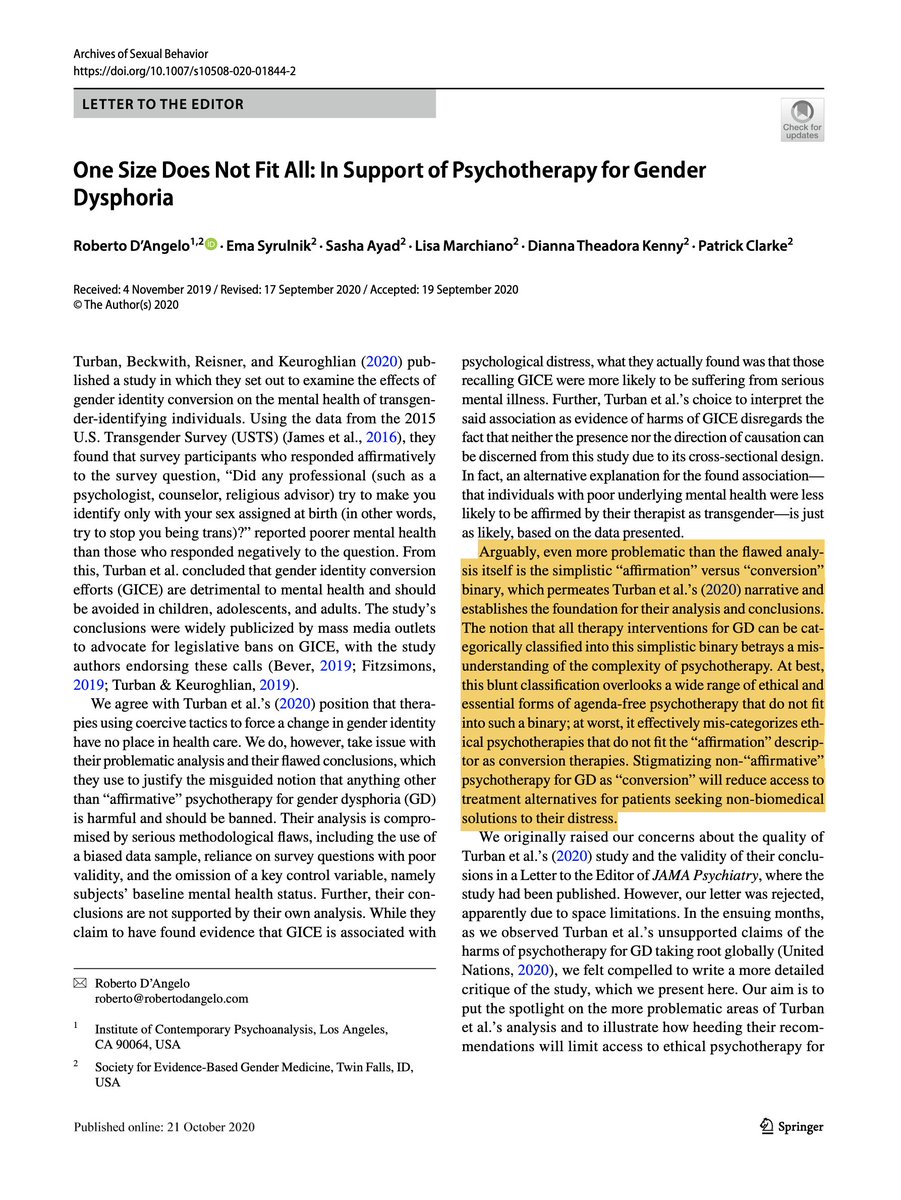 The severely flawed & dangerous study that this new paper thoroughly debunks received a swarm of media attention because it was congruent with woke orthodoxy on gender dysphoria.It seems only right that we spread this take-down as far & wide as possible.  https://link.springer.com/article/10.1007/s10508-020-01844-2