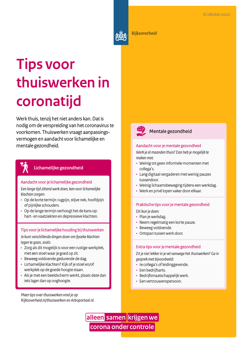 Werk thuis, tenzij het niet anders kan. Dat is nodig om de verspreiding van het coronavirus te voorkomen. Thuiswerken vraagt om aanpassingsvermogen en aandacht voor lichamelijke en mentale gezondheid.

Meer informatie ⤵️

rijksoverheid.nl/onderwerpen/co…

#AlleenSamen