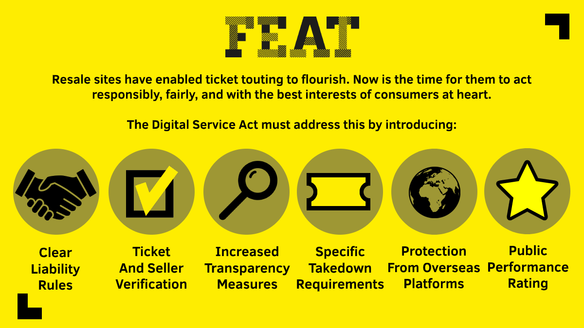 FEAT_org's tweet photo. For too long, ticket resale marketplaces have profited at fans’ expense. Now, the EU’s Digital Services Act must correct that balance, empowering consumers to make informed choices online. Find out more about our 6 key recommendations: https://t.co/a6WBK89h6k  #fixticketing https://t.co/1Mq6zZWuD6