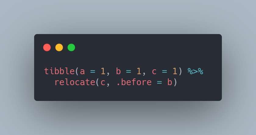 mrjoh3's tweet photo. It seems my new favorite #dplyr function for the week is relocate(). For when you just can't be stuffed typing out all the field names in a select() call. #rstats #justfound https://t.co/6P3A6qKuoT
