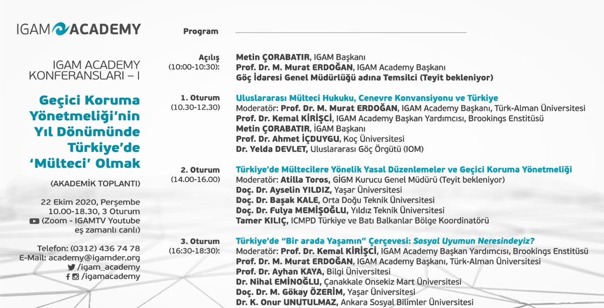 Programımız 4. gününde "Geçici Koruma Yönetmeliği"nin yıl dönümünde IGAM Academy Konferansları ile entegre şekilde devam ediyor. <a href="/igam_academy/">İGAM Academy</a> <a href="/igam_igamder/">İltica ve Göç Araştırmaları Merkezi (İGAM)</a> <a href="/TAU_TAGU/">TAU - Göç ve Uyum Uygulama ve Araştırma Merkezi</a>  @IOMturkey <a href="/mmerdogan1103/">M. Murat Erdoğan</a> <a href="/kemalkirisci/">Kemal Kirisci</a> <a href="/AyhanKaya14/">Ayhan Kaya</a> <a href="/AhmetIcduygu/">Ahmet Icduygu</a>  <a href="/nhleminoglu/">Dr. Nihal Eminoğlu</a> <a href="/unutulmazonur/">Onur Unutulmaz</a> <a href="/gokayozerim/">Gökay Özerim</a>