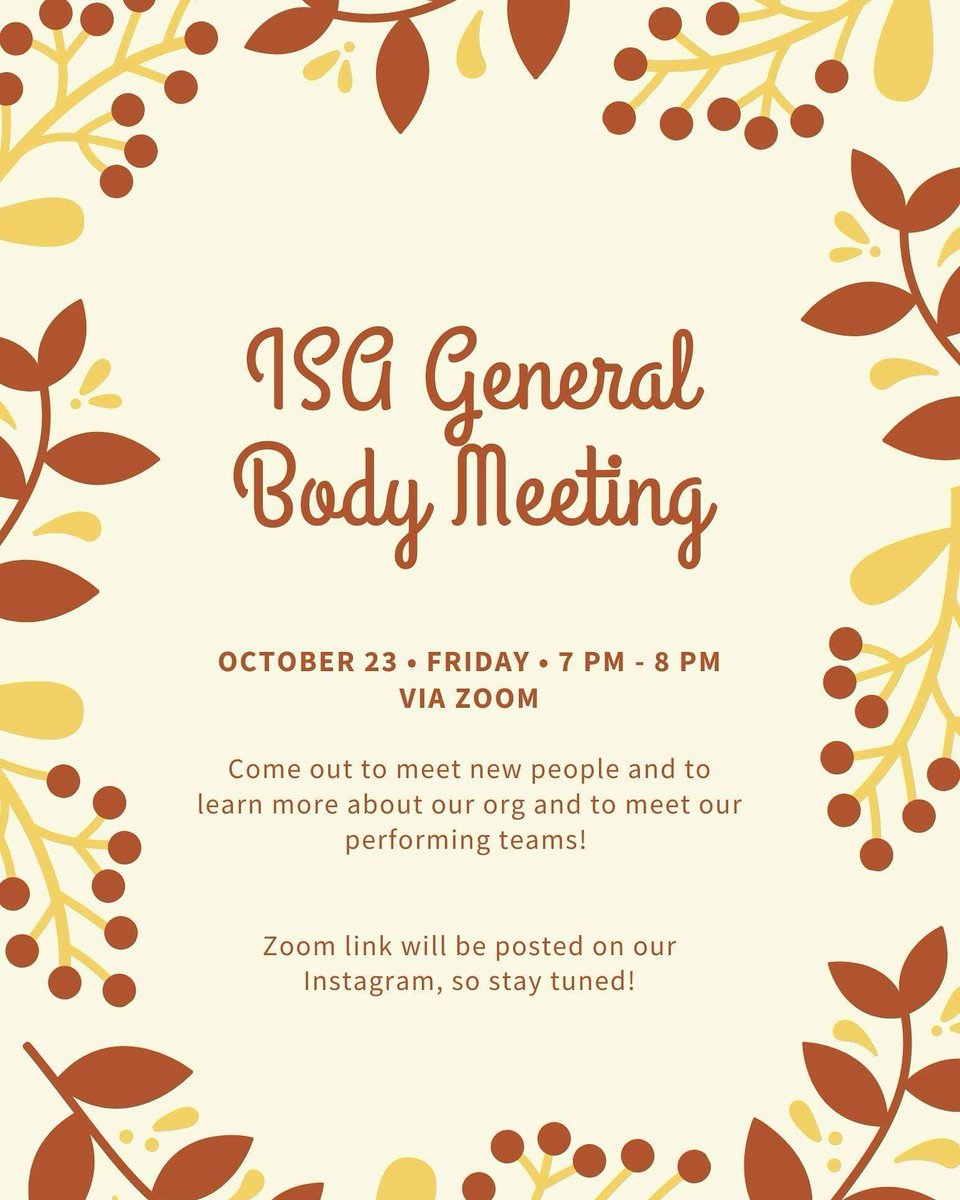 UCSCISA's tweet image. Our first meeting of the year is happening this Friday, October 23rd from 7PM - 8PM. We hope to see you there!